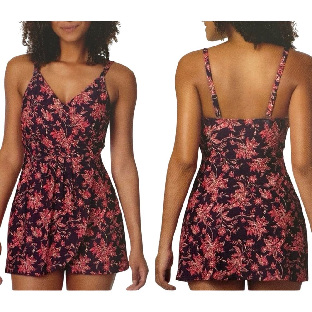 Land’s End UPF 50 Floral Wrap Style One Piece Modest Swim Dress Size Large